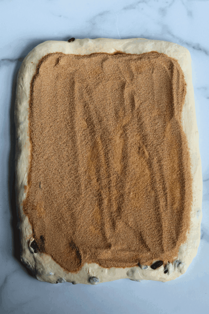 cinnamon sugar mixture spread on the dough 