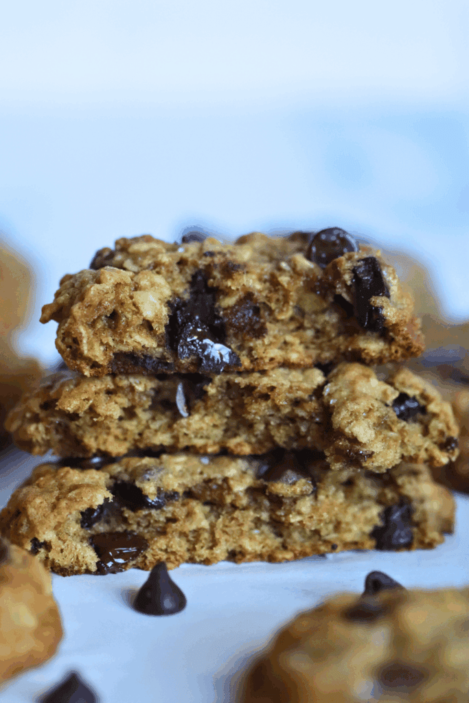 stacked sourdough oatmeal chocolate chip cookies