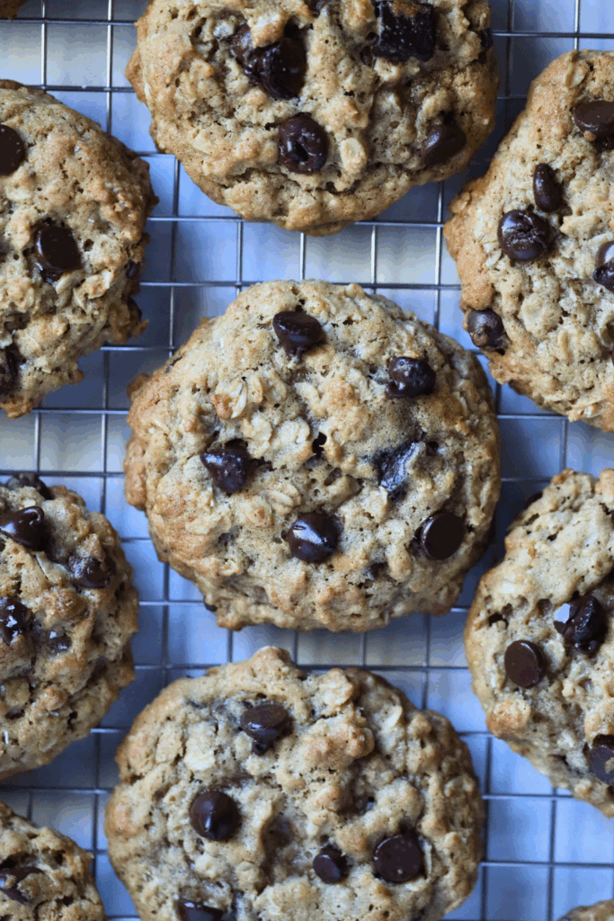 sourdough oatmeal chocolate chip cookies sprinkled with salt