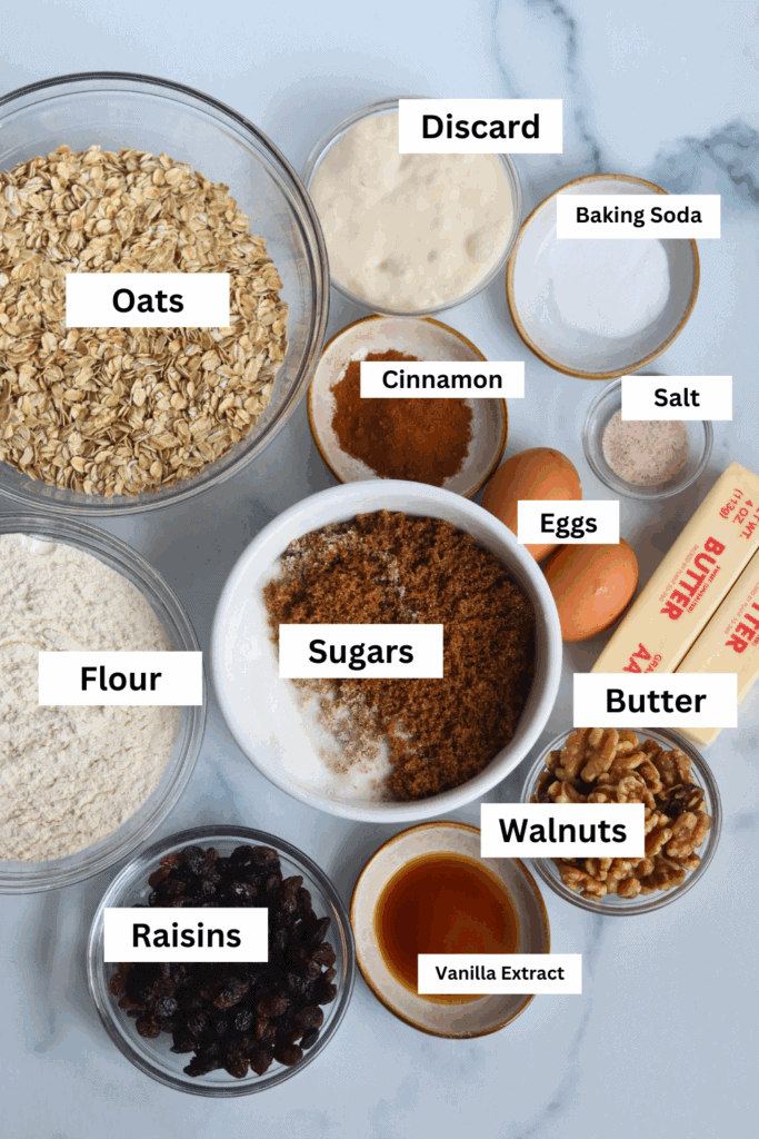 ingredients for making sourdough oatmeal cookies