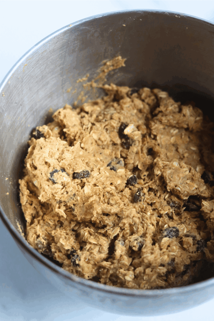 dough mixture with oatmeal, raisins and walnuts