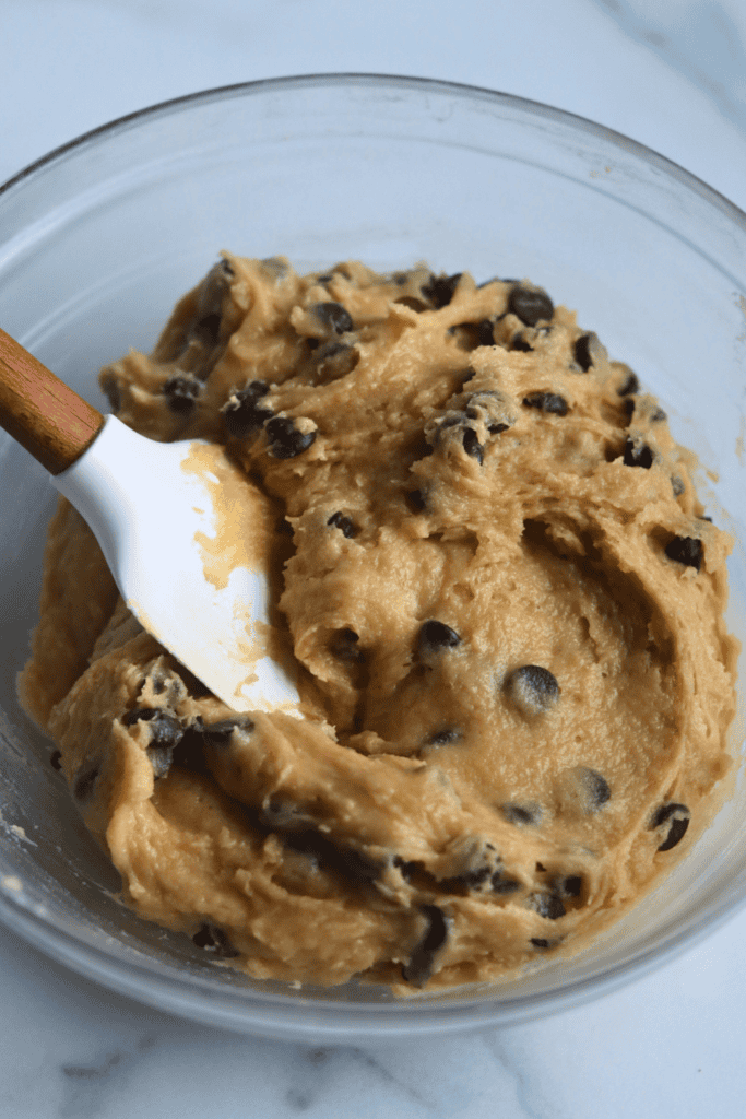 mixed wet and dry ingredients folded in with chocolate chips