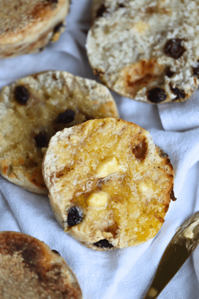 sliced open sourdough cinnamon raisin english muffins