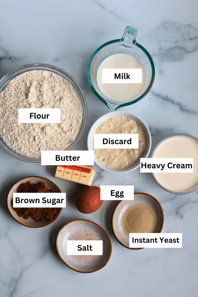 ingredients for making sourdough discard cinnamon rolls