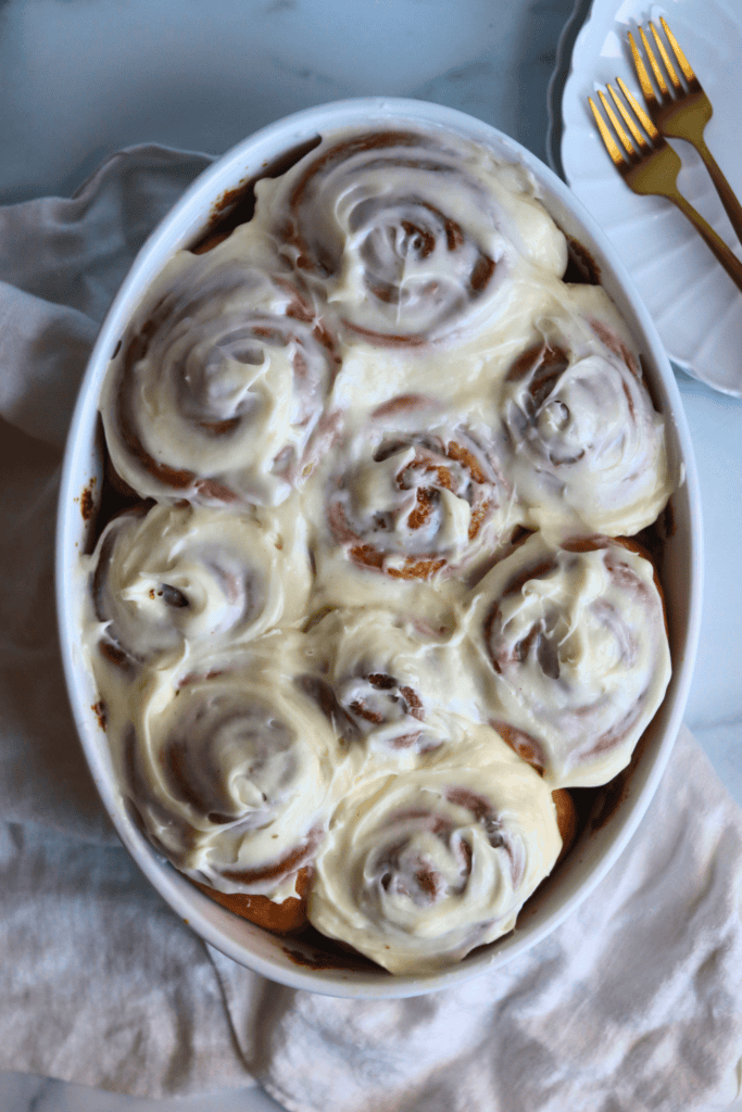sourdough discard cinnamon rolls with cream cheese topping