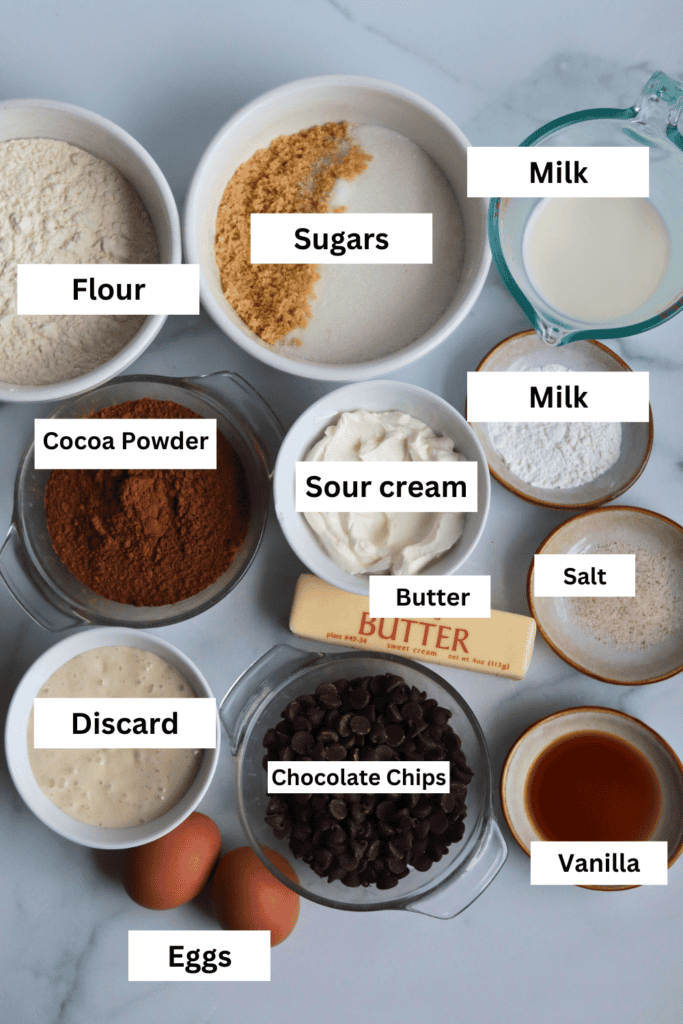 ingredients for making sourdough double chocolate muffins