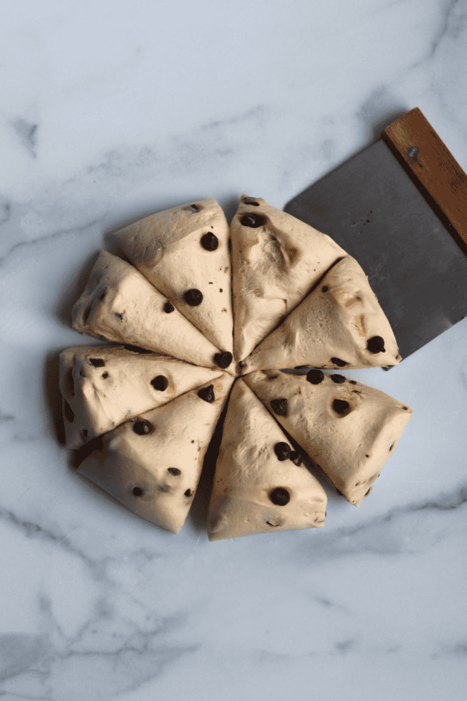 dividing the dough into 8 equal pieces with the bench scraper