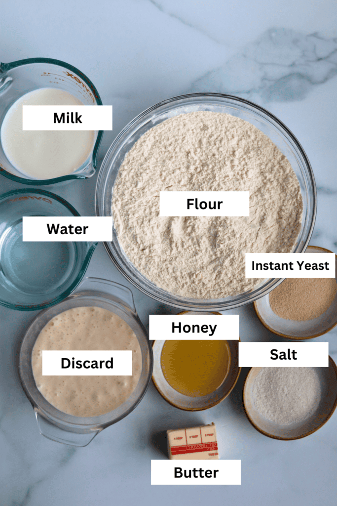 ingrendients for making sourdough discard english muffins