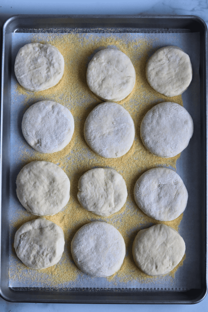 shaped muffins on a baking sheet sprinkled with cornmeal
