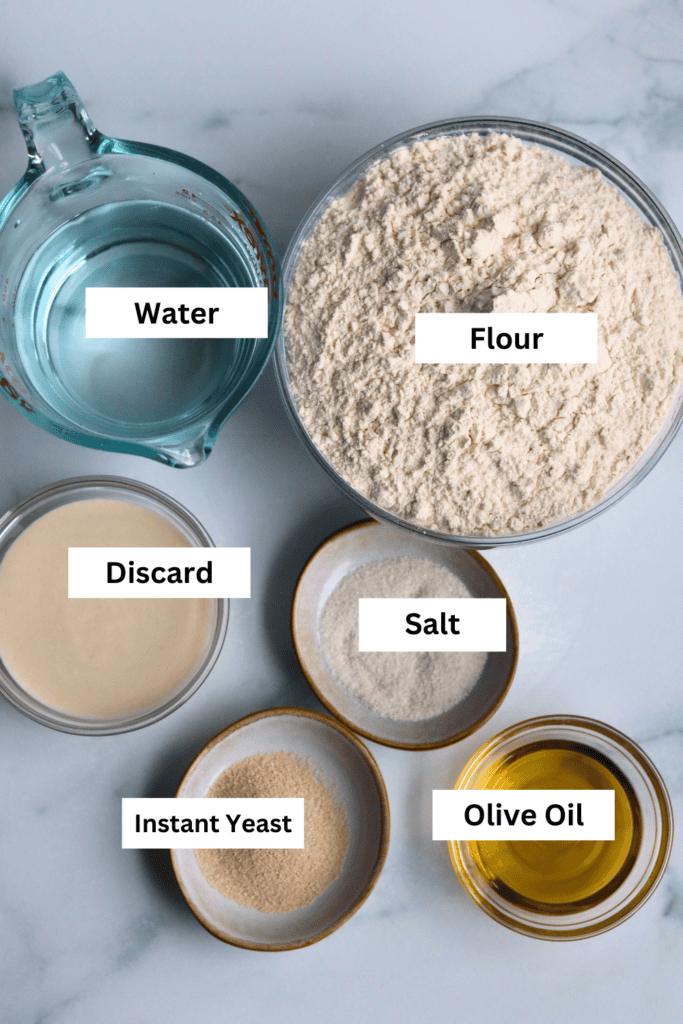 ingredients for making sourdough discard pizza dough