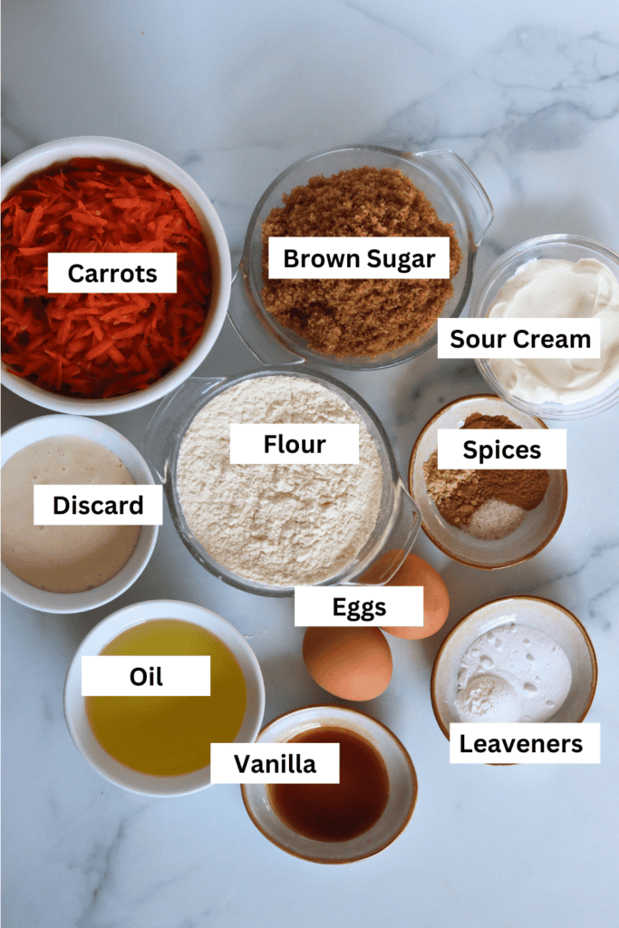 ingredients for making sourdough carrot cake quick bread