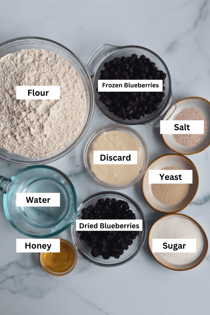 ingredients for making sourdough discard blueberry bagels