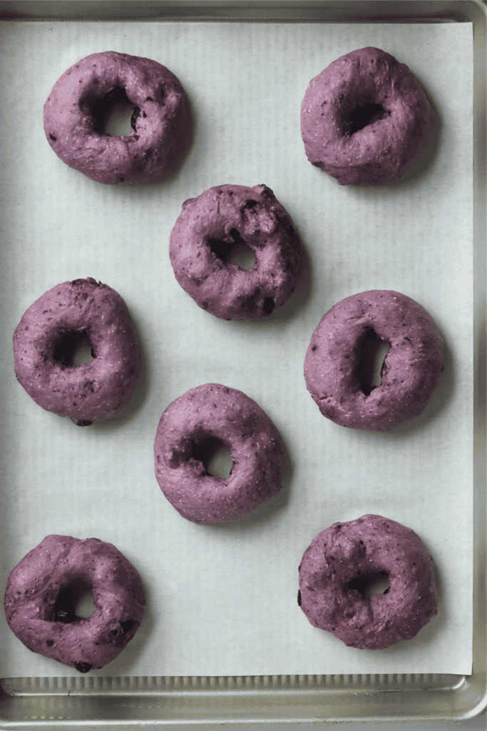 blueberry bagels on baking sheet