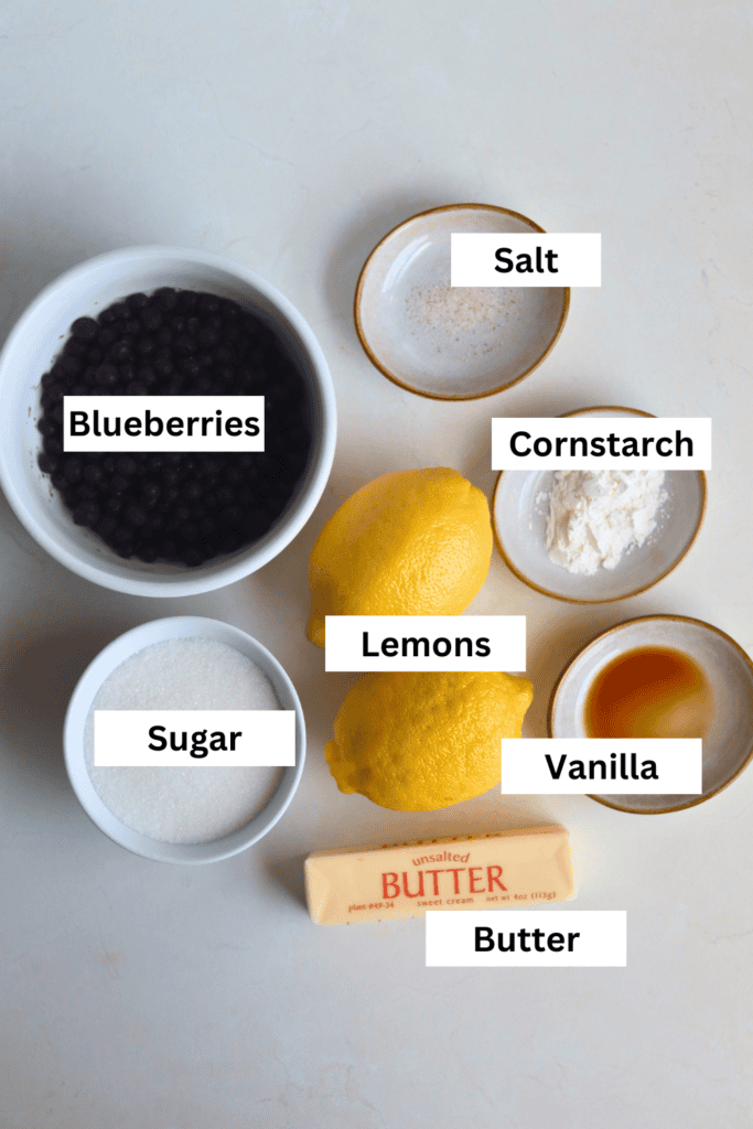 ingredients for lemon sugar butter and blueberry compote