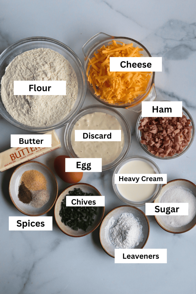 ingredients for making sourdough ham and cheese scones