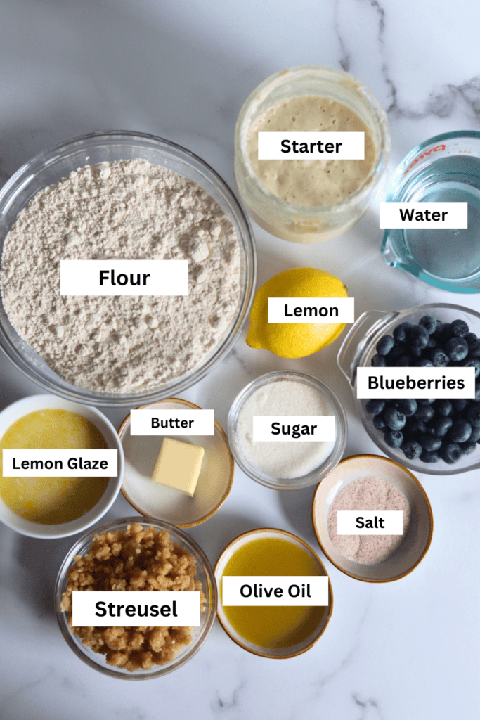 ingredients for making sourdough lemon blueberry focaccia