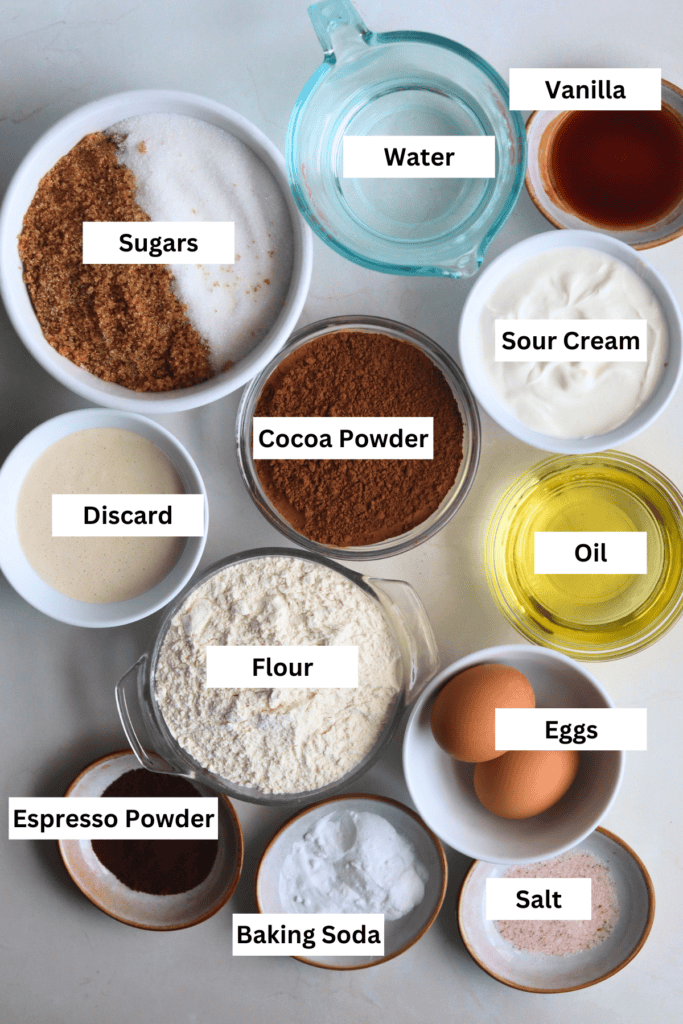 ingredients for making sourdough chocolate cake