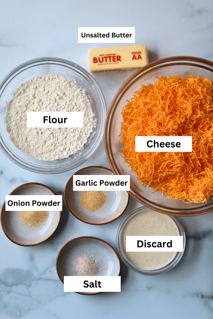 ingredients for making sourdough goldfish crackers