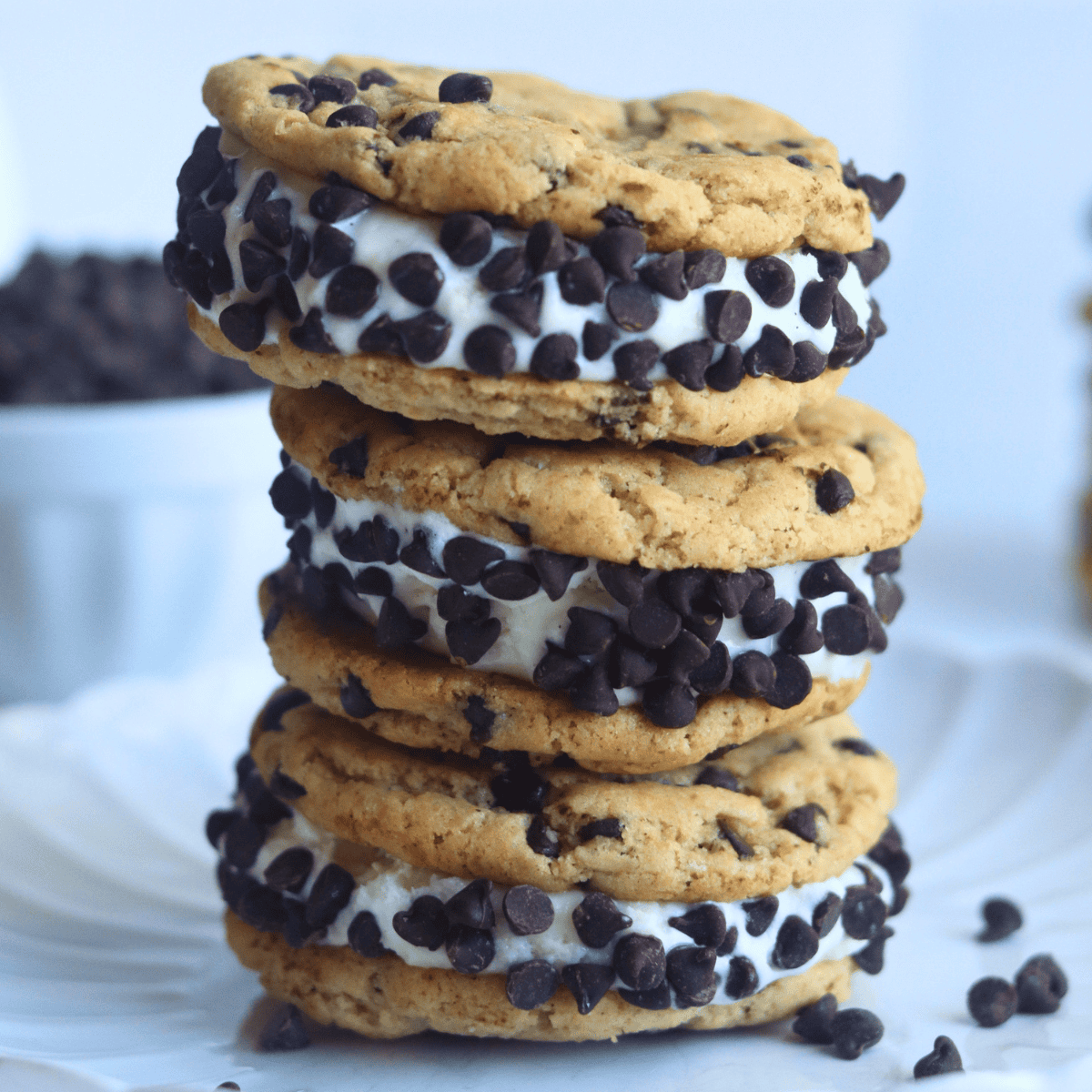 stacked Sourdough Chocolate Chip Cookie Ice Cream Sandwichs