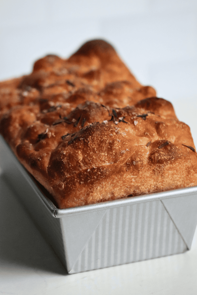 sourdough focaccia in a loaf pan