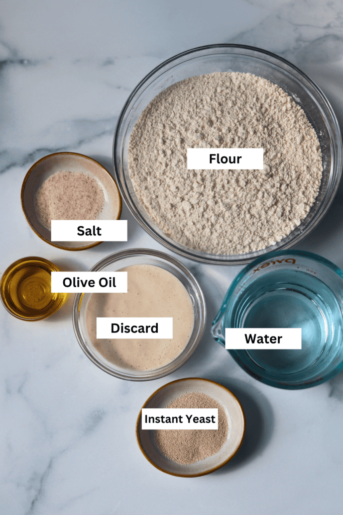 ingredients for Discard Focaccia in a Loaf Pan