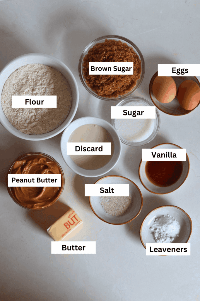 ingredients for making sourdough peanut butter cookies