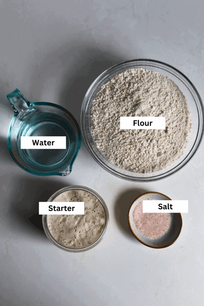 ingredients for making sourdough in a loaf pan