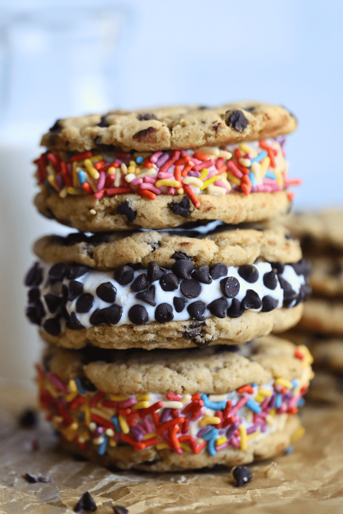 Homemade ice cream sandwich cookies, decorated with colorful summer sprinkles