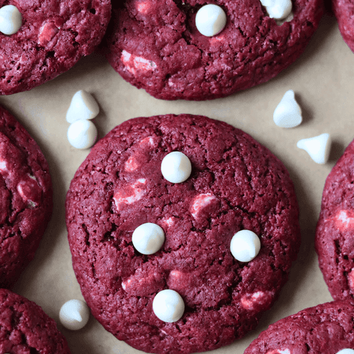 Red velvet sourdough cookies with white chocolate chips.