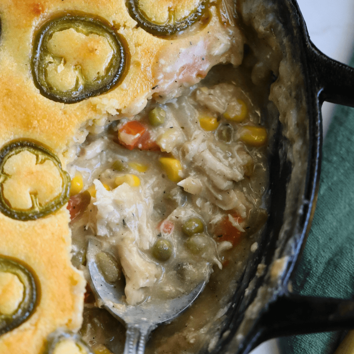Sourdough Cornbread Chicken Pot Pie in a cast iron skillet