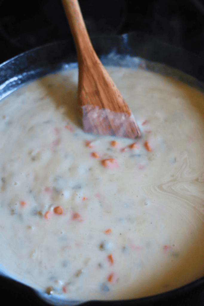 adding wet ingredients to the pan