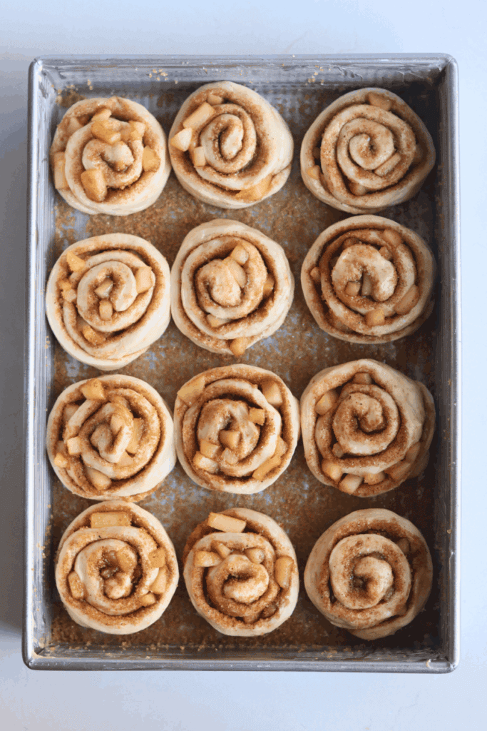 apple cinnamon rolls placed on a pan