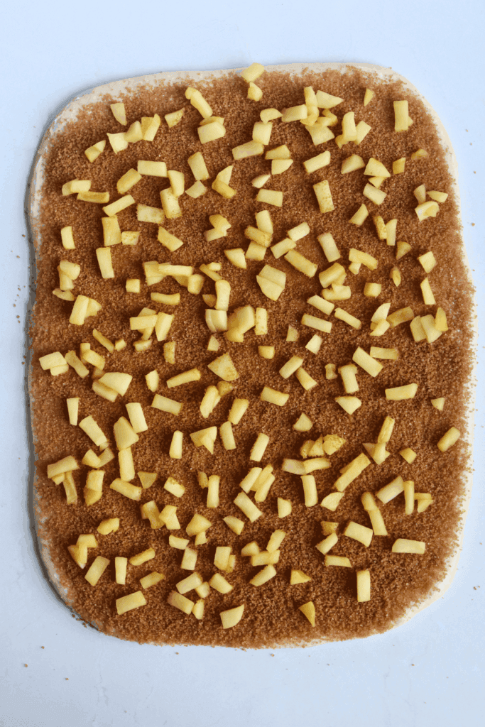rolled dough spread with cinnamon mixture and sprinkled with apple slices