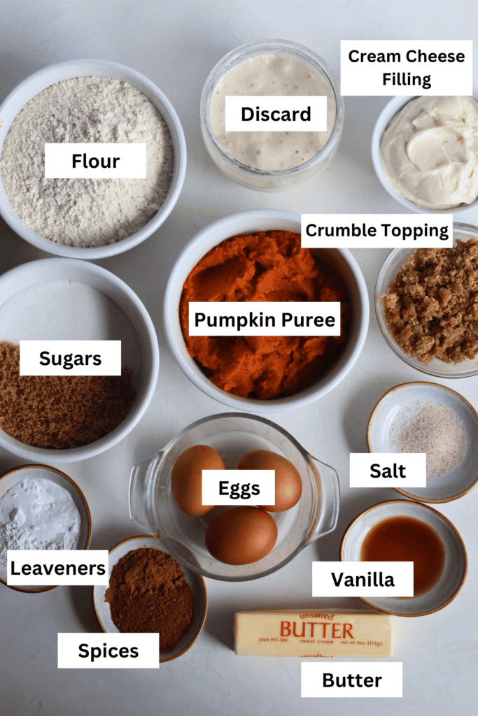 ingredients for making sourdough pumpkin cream cheese muffins