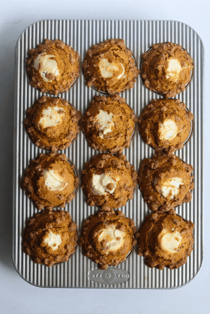 baked sourdough pumpkin cream cheese muffins